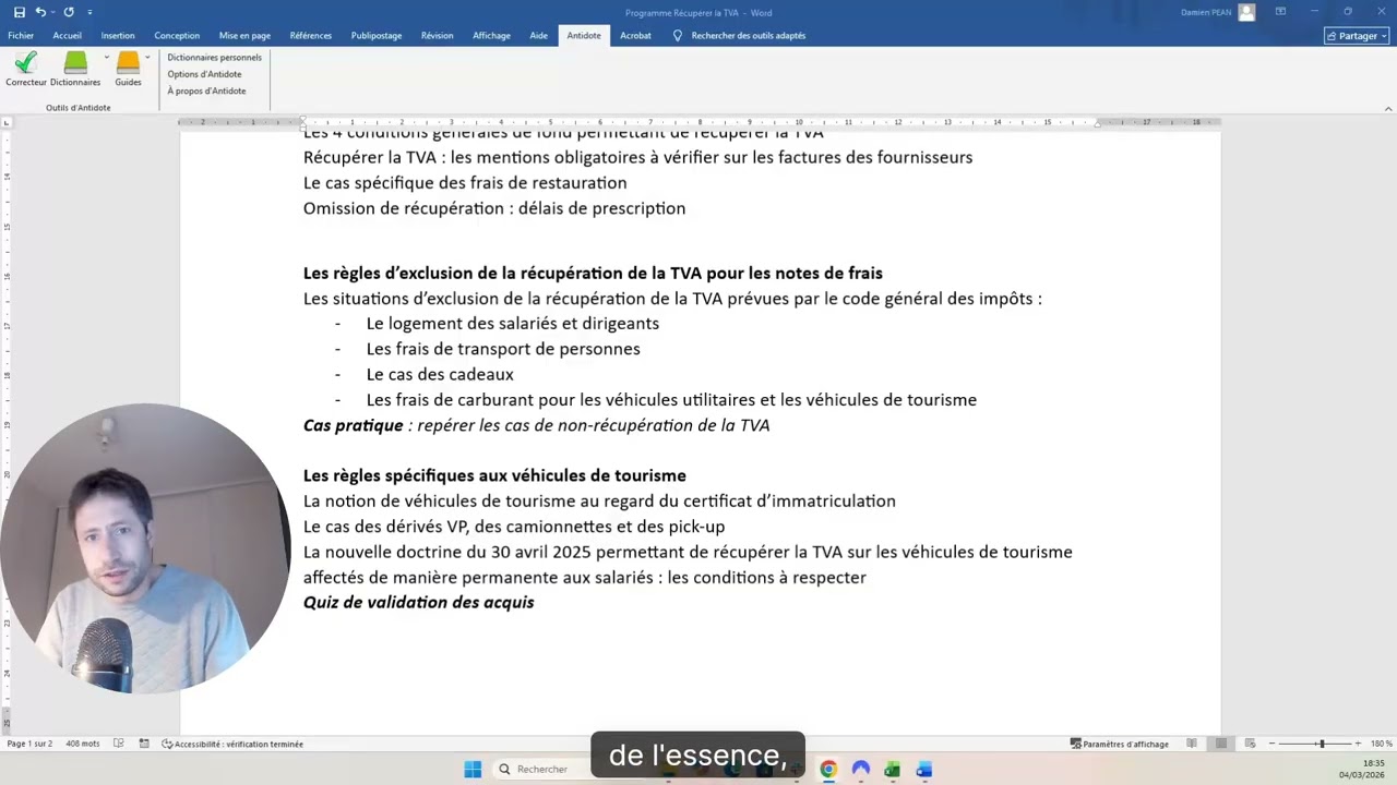 Formation TVA 2026 : Peut-on récupérer la TVA sur les véhicules de tourisme ?